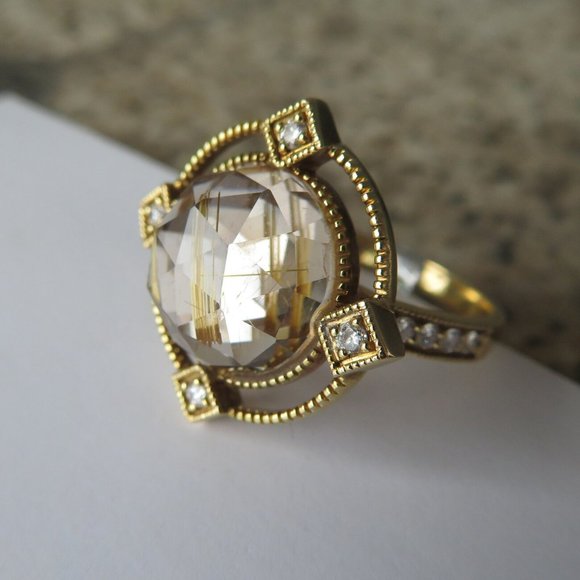 Natural Rutilated Quartz, Diamonds 18K Yellow Gold "My Spiritual Compass Ring - Picture 13 of 17